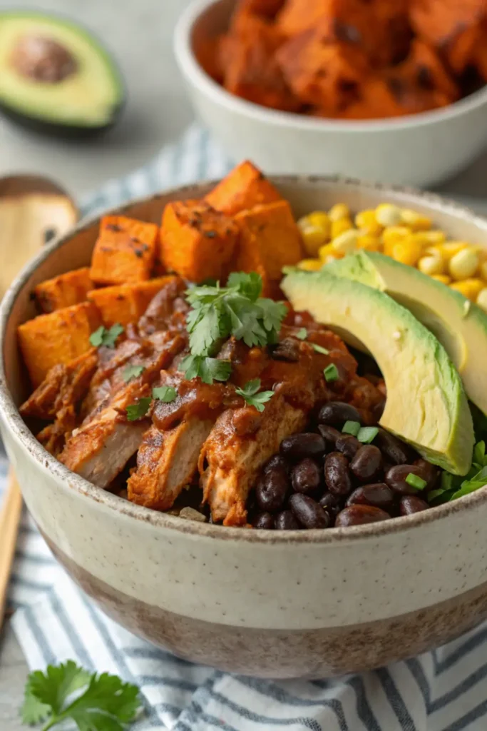 BBQ Shredded Chicken Bowl with Roasted Sweet Potatoes