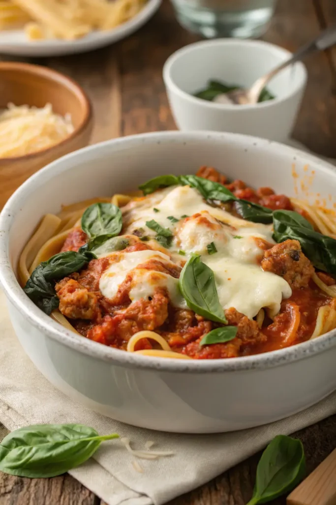 Cheesy Ground Turkey and Spinach Pasta